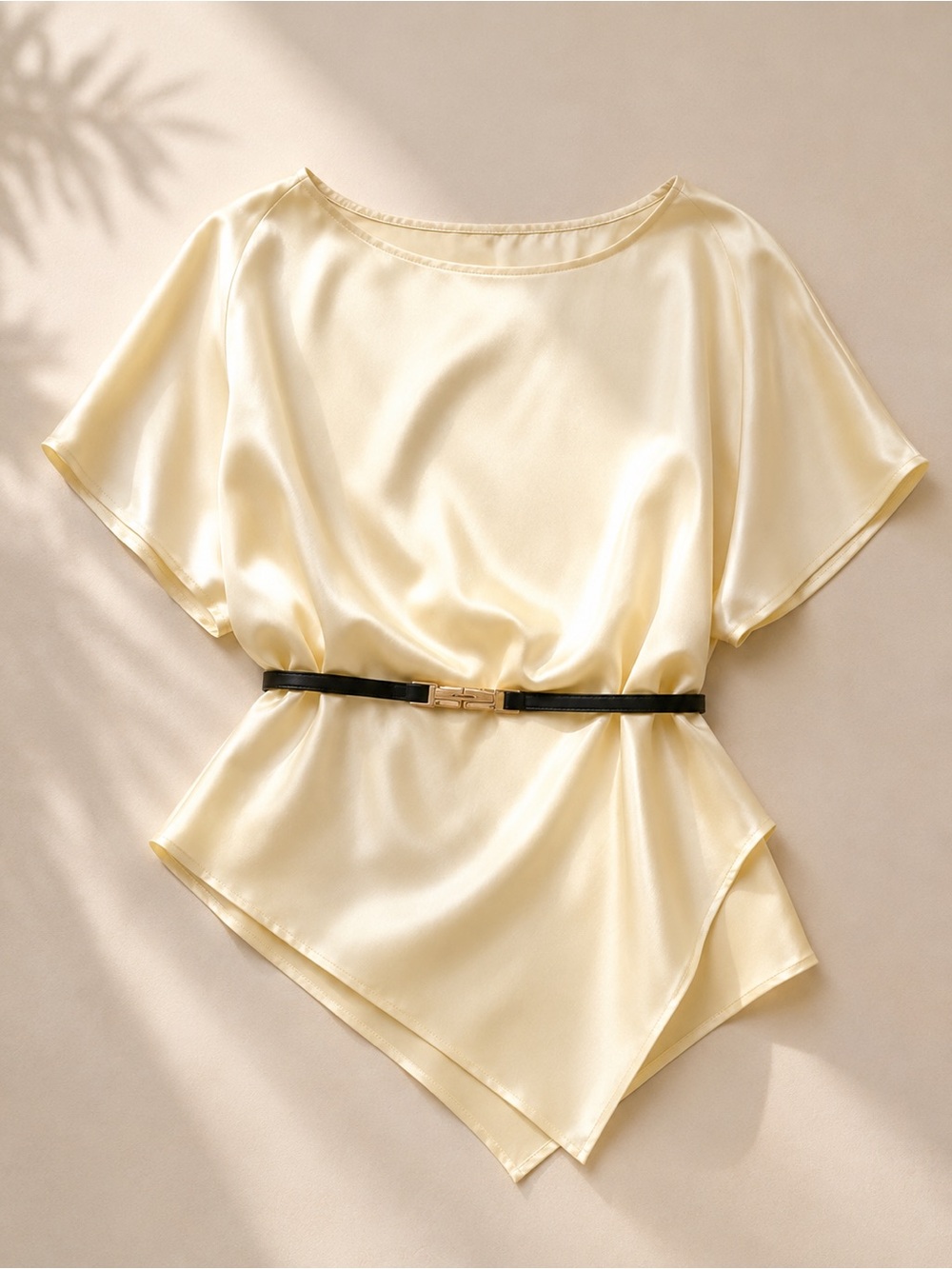 Asymmetric Satin Blouse in Pale Yellow with Black Belt